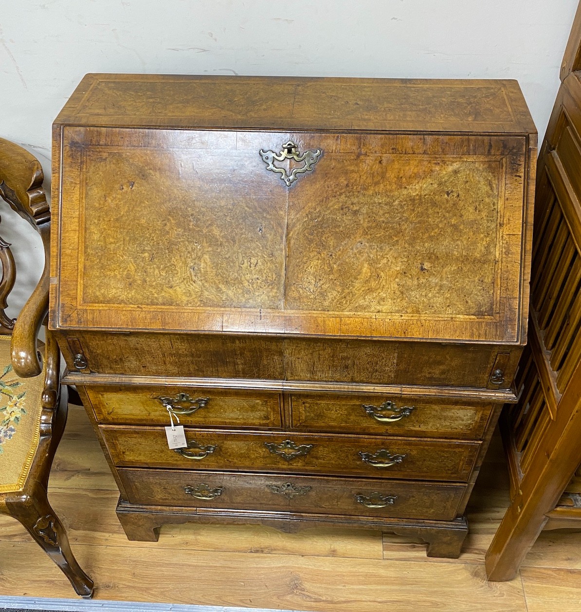 A George I style burr walnut bureau, width 84cm, depth 44cm, height 103cm